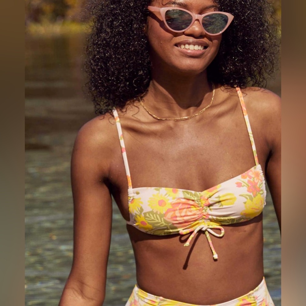Aerie Floral Ruched Bikini Top In Gold NWOT